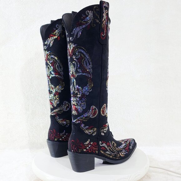 Muerto Country Western Cowgirl Boots Sparkling Iridescent Rhinestones Skull Red